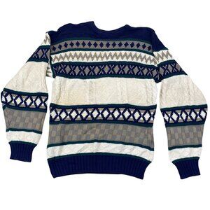 Vintage American Hero Mens Sweater Crew Neck Cable Knit Pullover Blue Geo Stripe